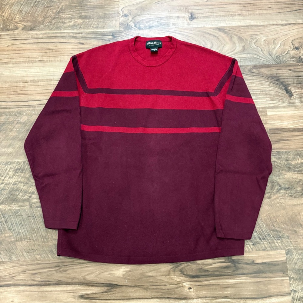 Vintage Y2K Eddie Bauer Sweater Mens XL Red Burgundy Striped Cotton Knit 90s Tee